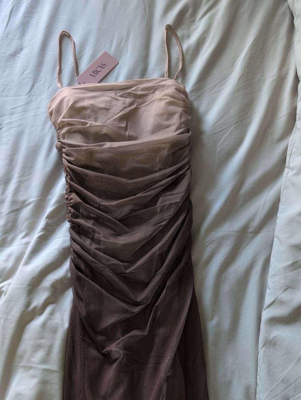 Ruched Ombre Strapless Slip Dress in Nude-Brown